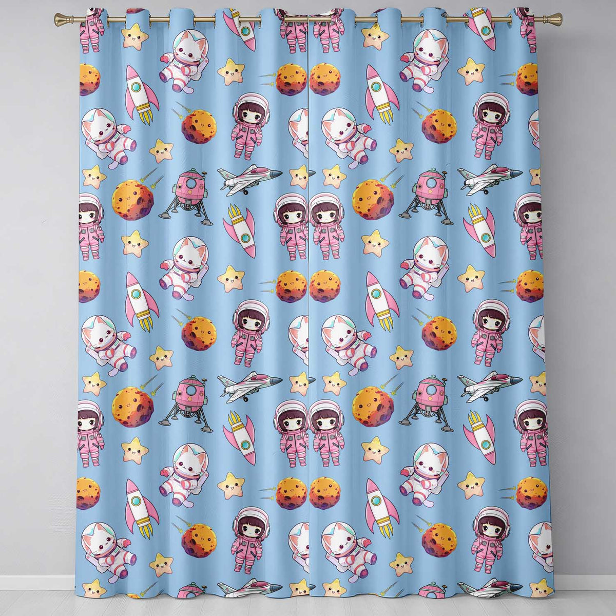 Space Cat Astronaut Girl Rockets Stars Seamless Blue Background Readymade Eyelet Ring Top Thermal 100% Blackout Curtains