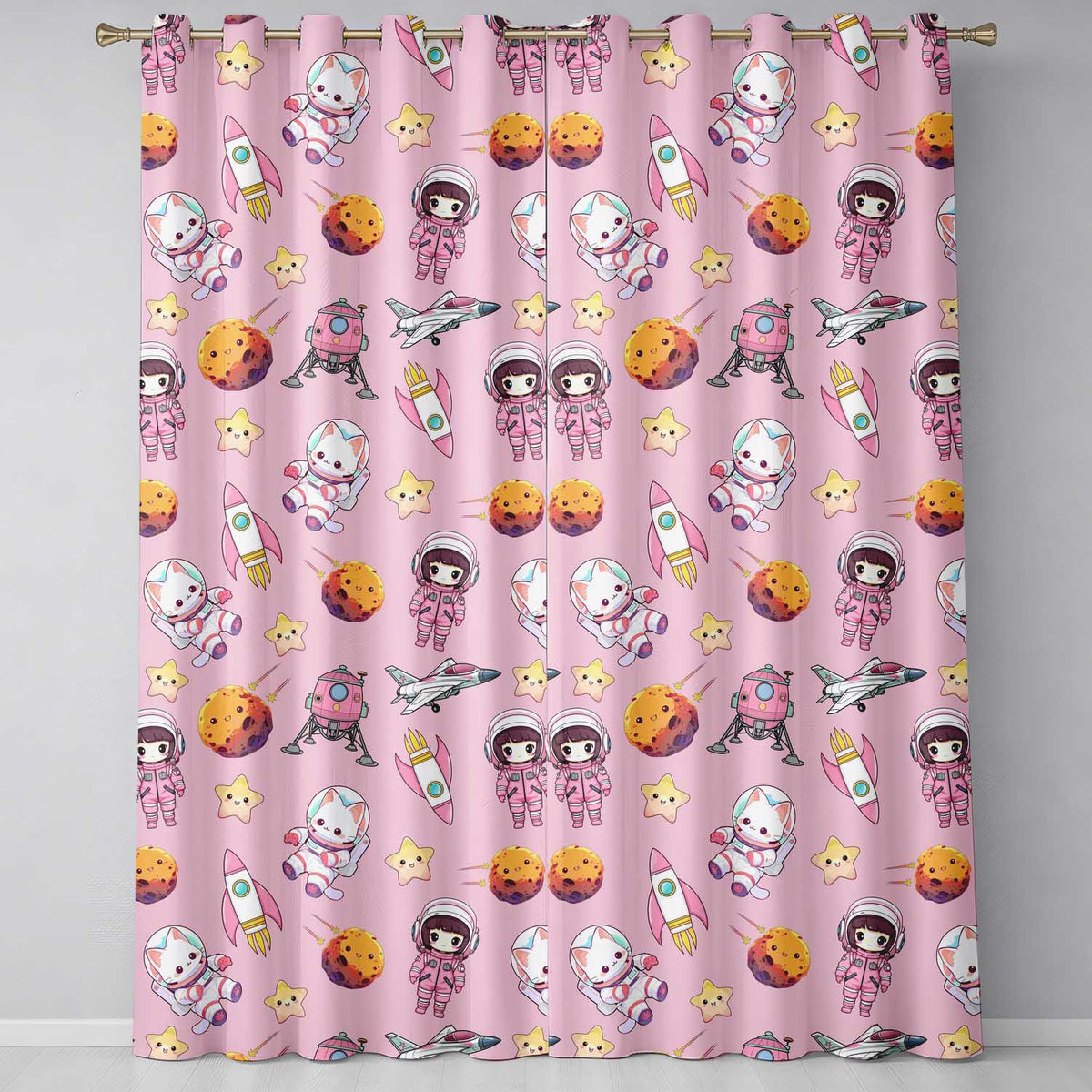 Space Cat Astronaut Girl Rockets Stars Seamless Pink Background Readymade Eyelet Ring Top Thermal 100% Blackout Curtains