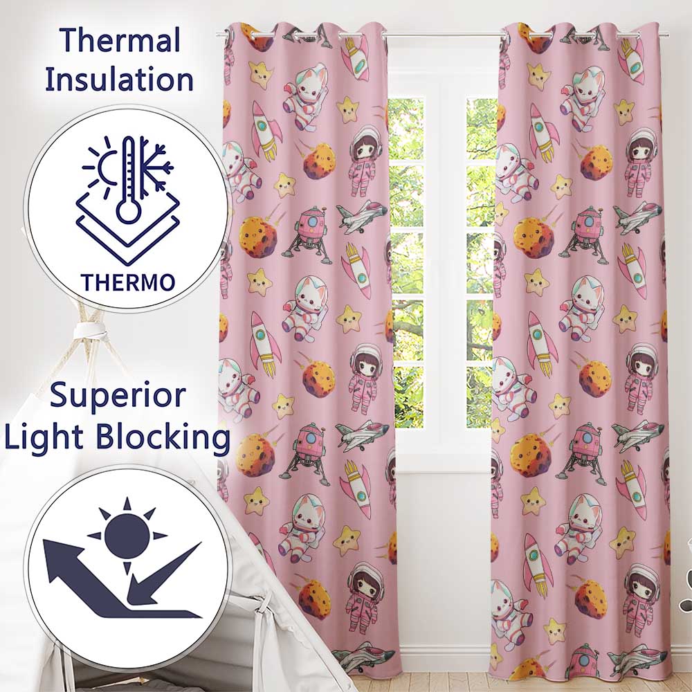 Space Cat Astronaut Girl Rockets Stars Seamless Pink Background Readymade Eyelet Ring Top Thermal 100% Blackout Curtains