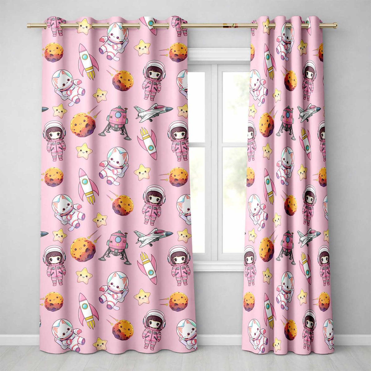 Space Cat Astronaut Girl Rockets Stars Seamless Pink Background Readymade Eyelet Ring Top Thermal 100% Blackout Curtains