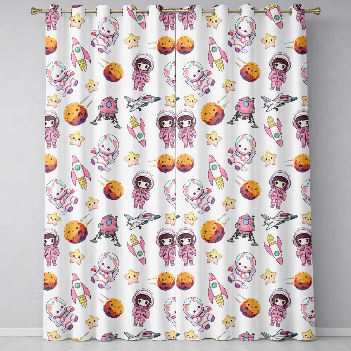 Space Cat Astronaut Girl Rockets Stars Seamless Grey Background Readymade Eyelet Ring Top Thermal 100% Blackout Curtains