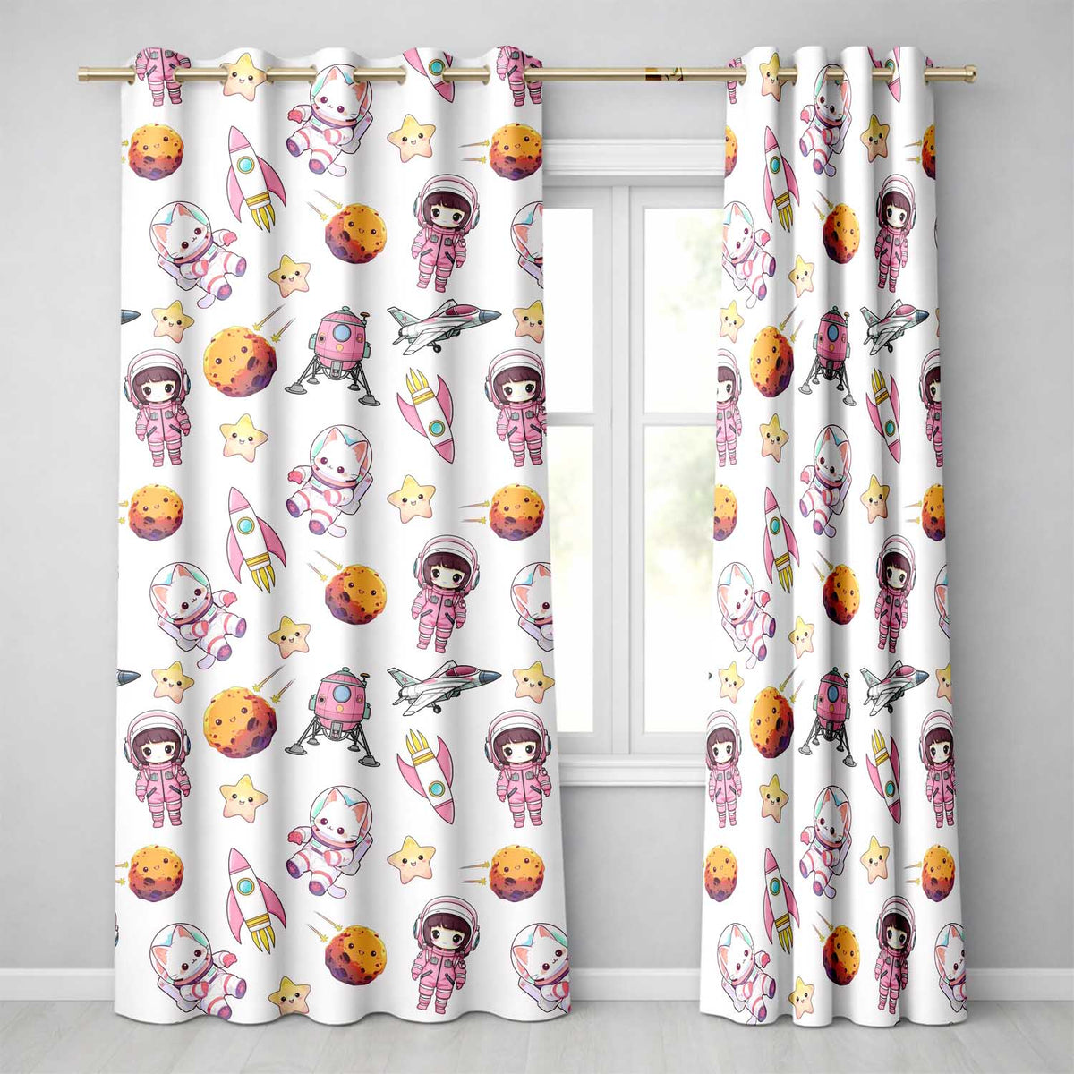 Space Cat Astronaut Girl Rockets Stars Seamless Grey Background Readymade Eyelet Ring Top Thermal 100% Blackout Curtains