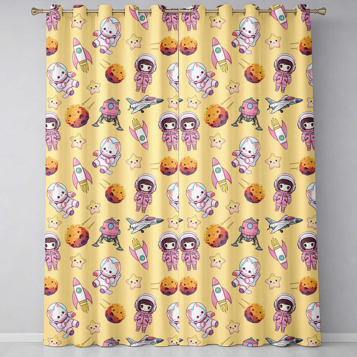 Space Cat Astronaut Girl Rockets Stars Seamless Yellow Background Readymade Eyelet Ring Top Thermal 100% Blackout Curtains