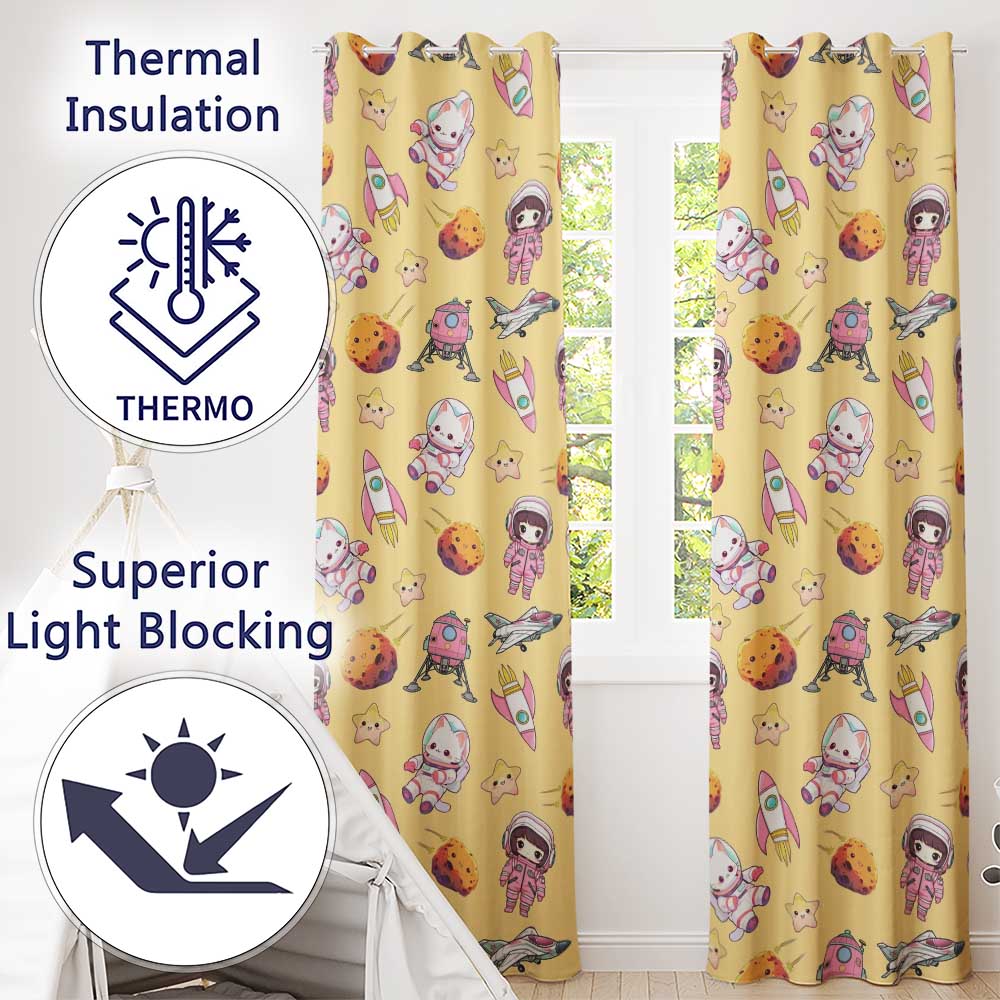 Space Cat Astronaut Girl Rockets Stars Seamless Yellow Background Readymade Eyelet Ring Top Thermal 100% Blackout Curtains