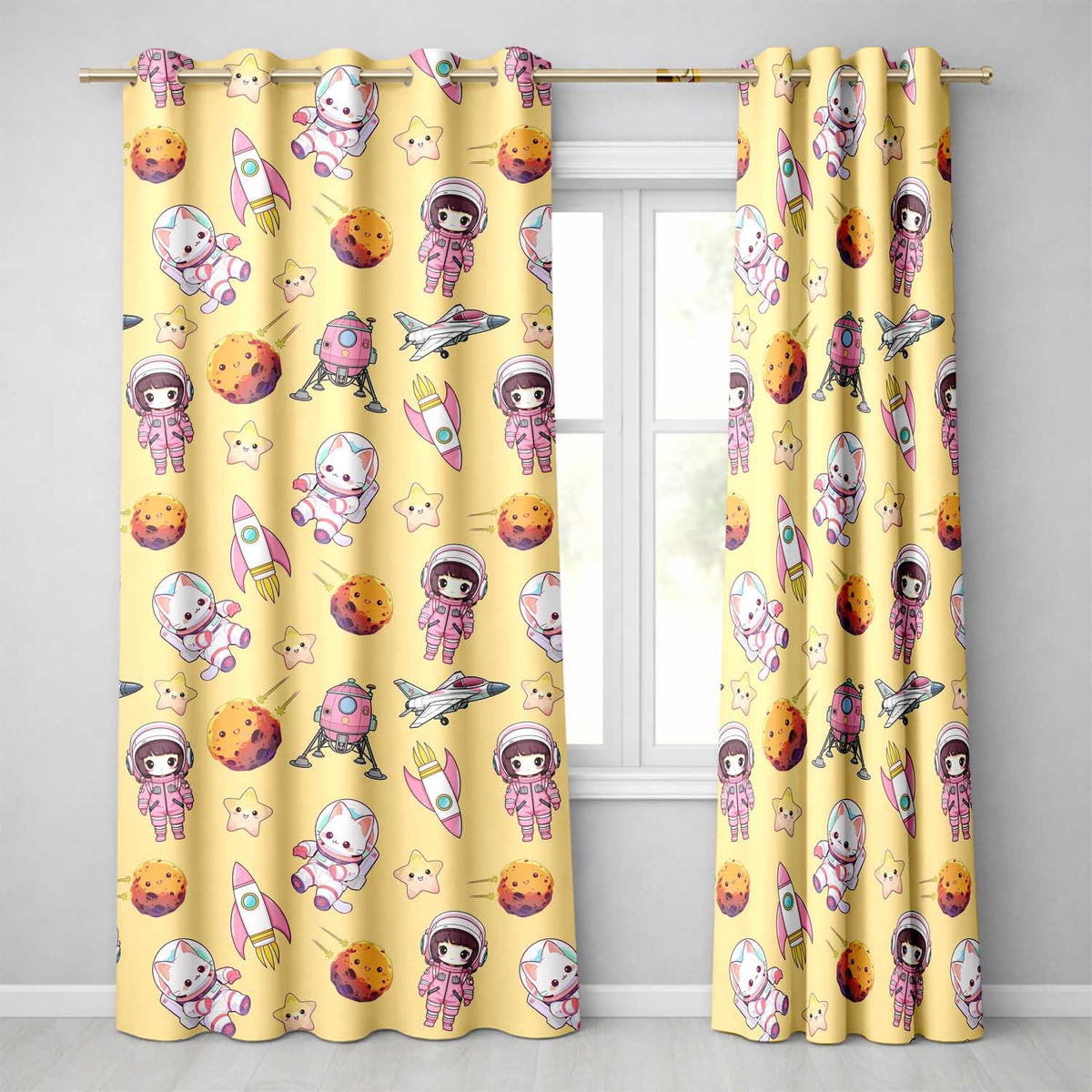 Space Cat Astronaut Girl Rockets Stars Seamless Yellow Background Readymade Eyelet Ring Top Thermal 100% Blackout Curtains