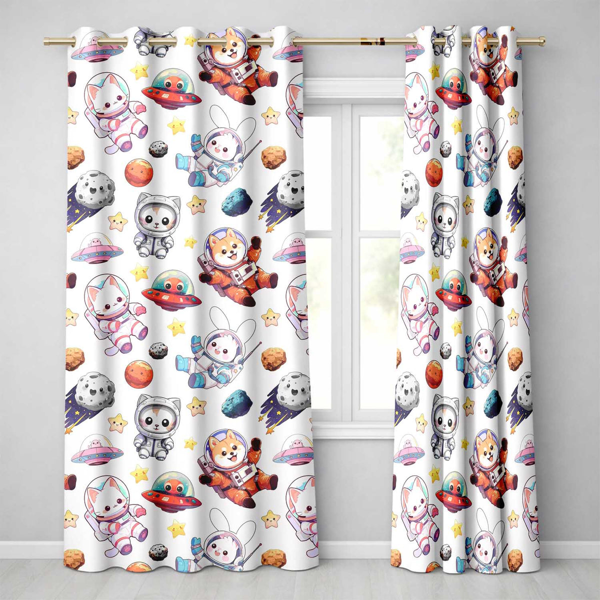 Space Animals Astronaut Dog Bunny UFO Stars Seamless Cream Background Readymade Eyelet Ring Top Thermal 100% Blackout Curtains