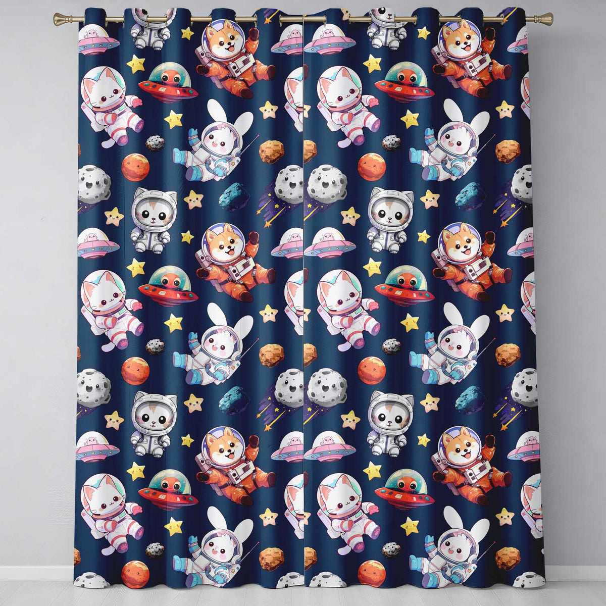 Space Animals Astronaut Dog Bunny UFO Stars Seamless Navy Background Readymade Eyelet Ring Top Thermal 100% Blackout Curtains