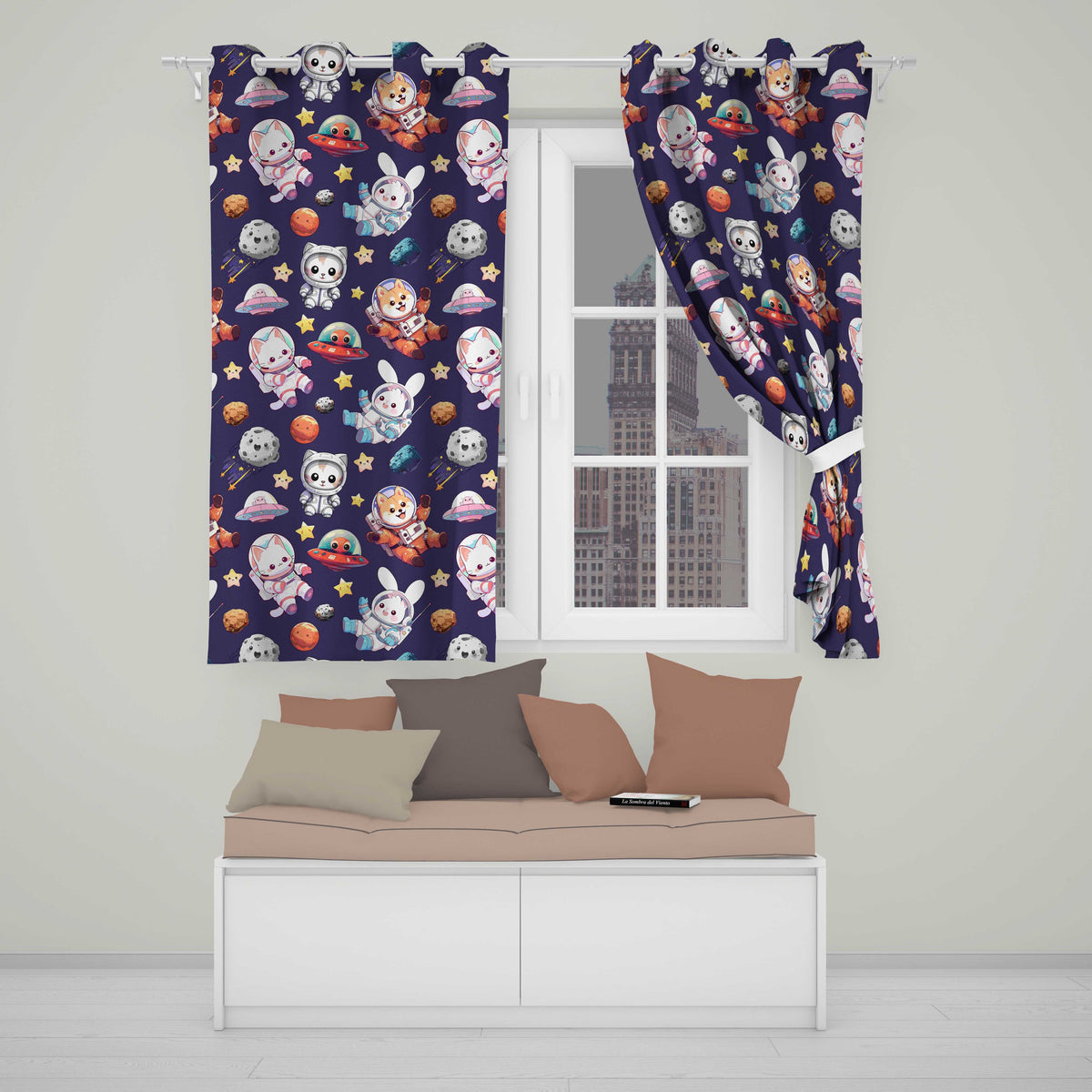 Space Animals Astronaut Dog Bunny UFO Stars Seamless Purple Background Readymade Eyelet Ring Top Thermal 100% Blackout Curtains