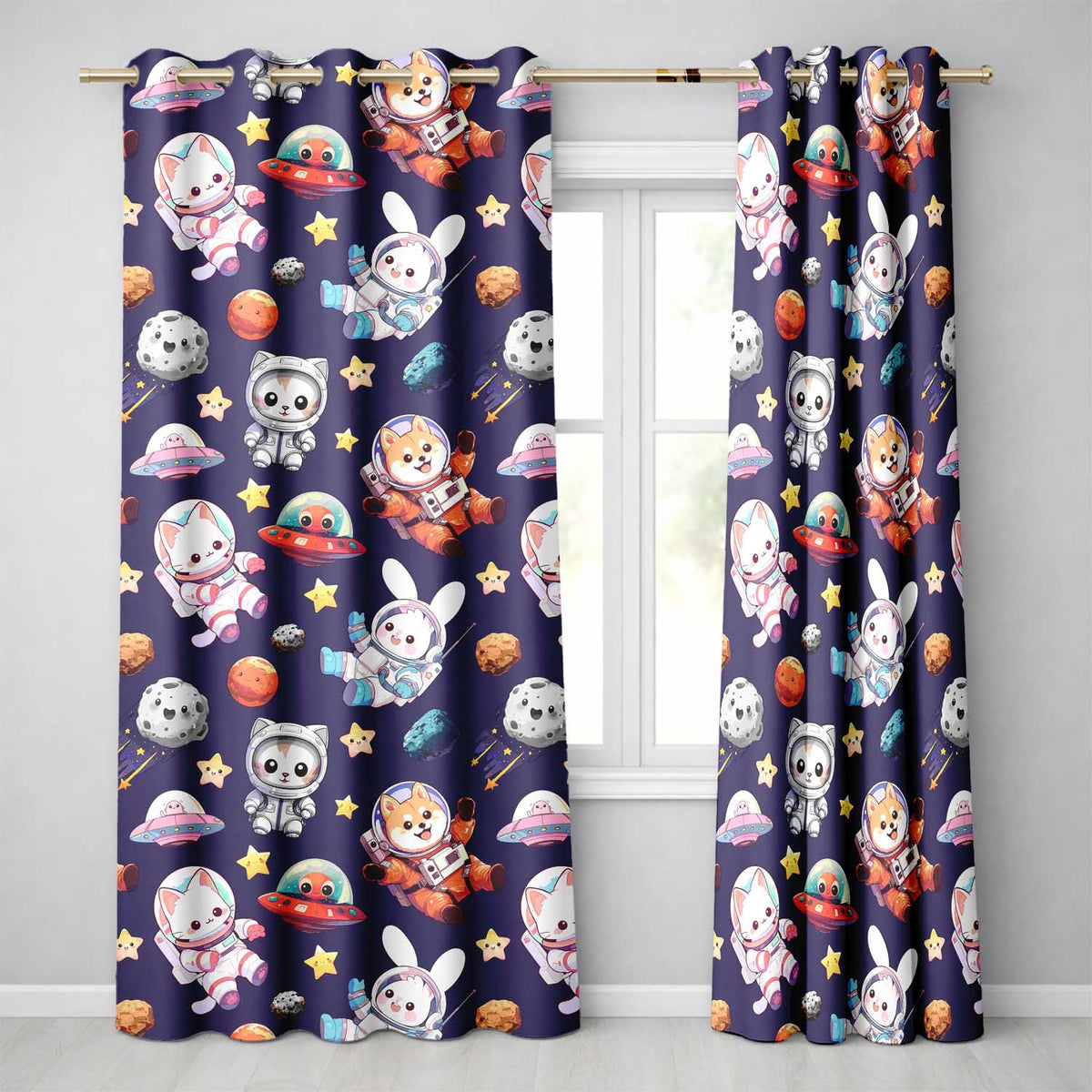 Space Animals Astronaut Dog Bunny UFO Stars Seamless Purple Background Readymade Eyelet Ring Top Thermal 100% Blackout Curtains