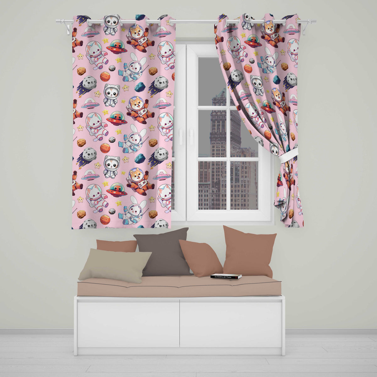 Space Animals Astronaut Dog Bunny UFO Stars Seamless Blush Pink Background Readymade Eyelet Ring Top Thermal 100% Blackout Curtains