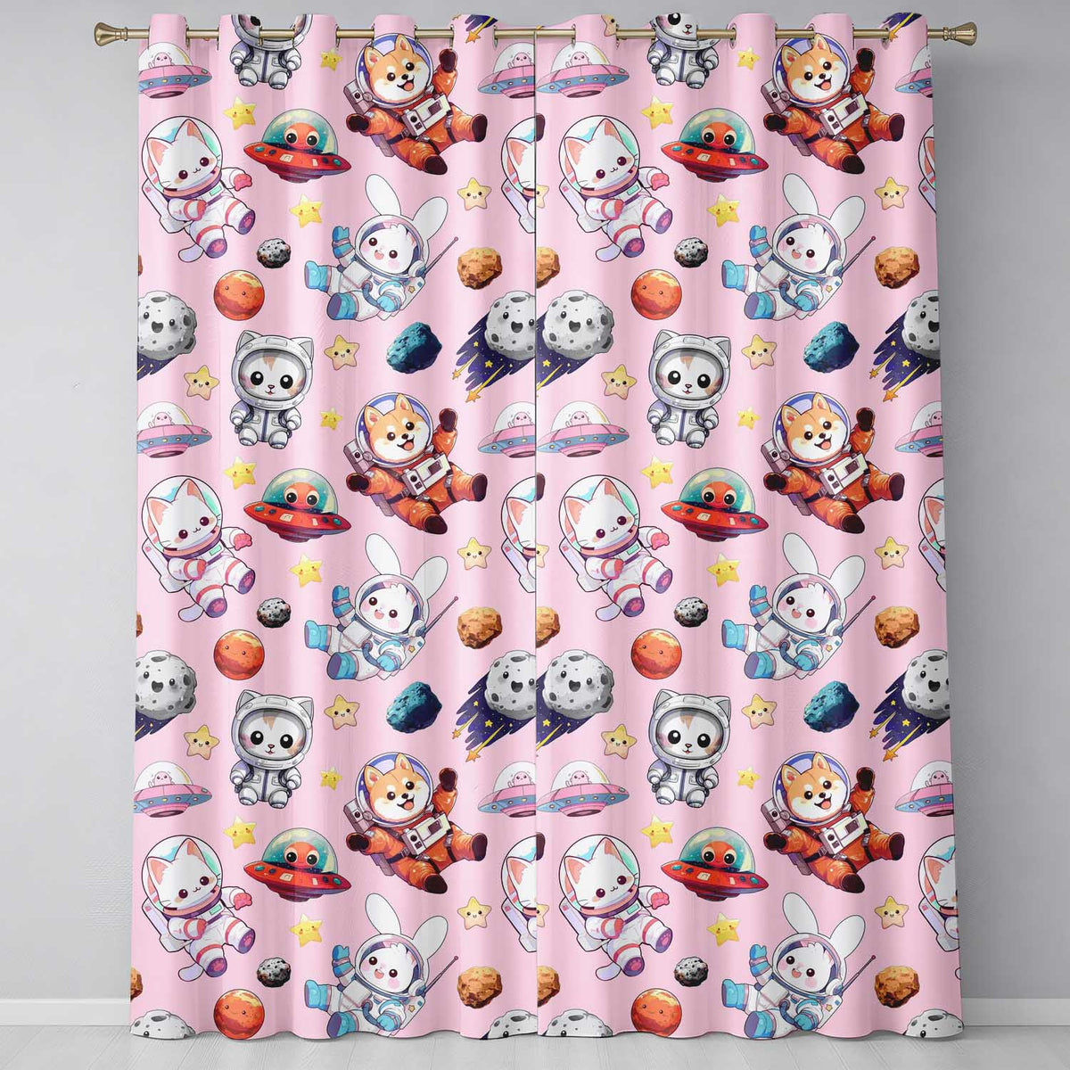 Space Animals Astronaut Dog Bunny UFO Stars Seamless Blush Pink Background Readymade Eyelet Ring Top Thermal 100% Blackout Curtains