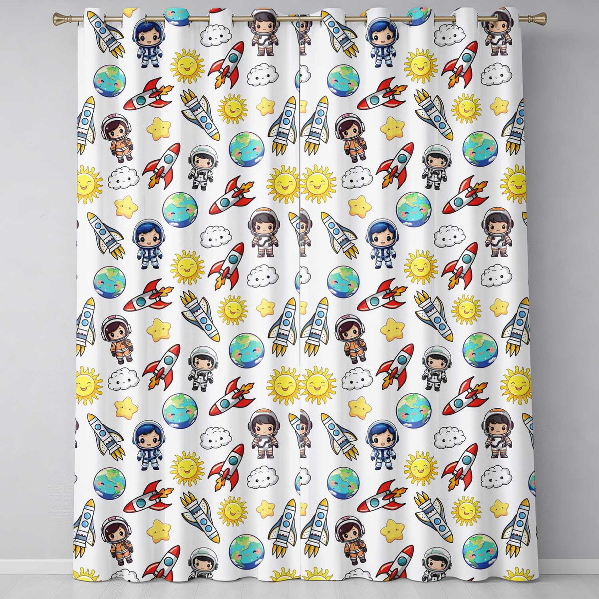 Space Animals Astronaut Dog Bunny UFO Stars Seamless Light Grey Background Readymade Eyelet Ring Top Thermal 100% Blackout Curtains