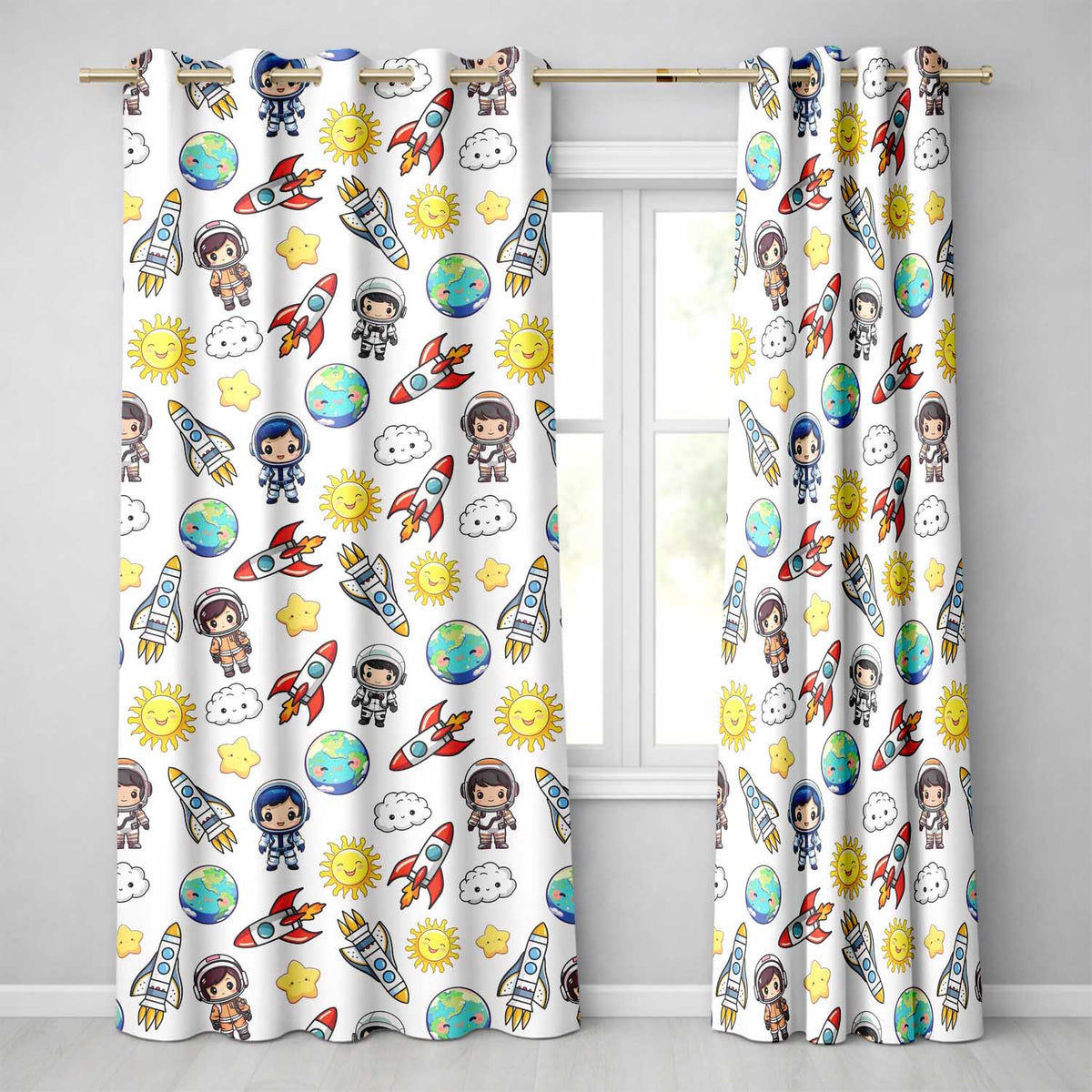 Space Animals Astronaut Dog Bunny UFO Stars Seamless Light Grey Background Readymade Eyelet Ring Top Thermal 100% Blackout Curtains