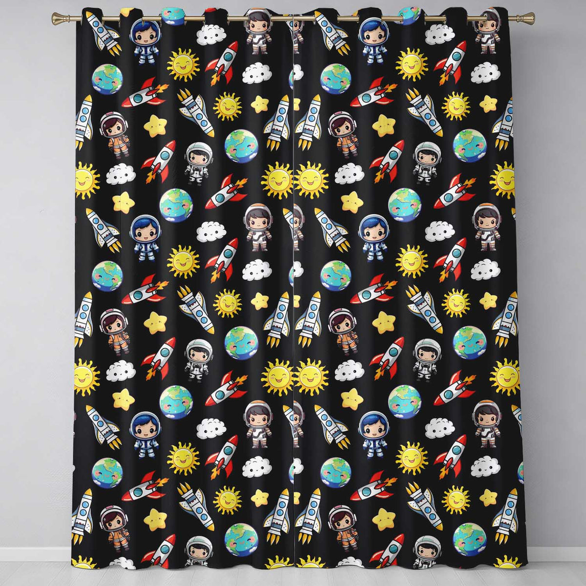 Cute Cartoon Space Rocket Astronaut Sun Earth Clouds Seamless Black Background Readymade Eyelet Ring Top Thermal 100% Blackout Curtains