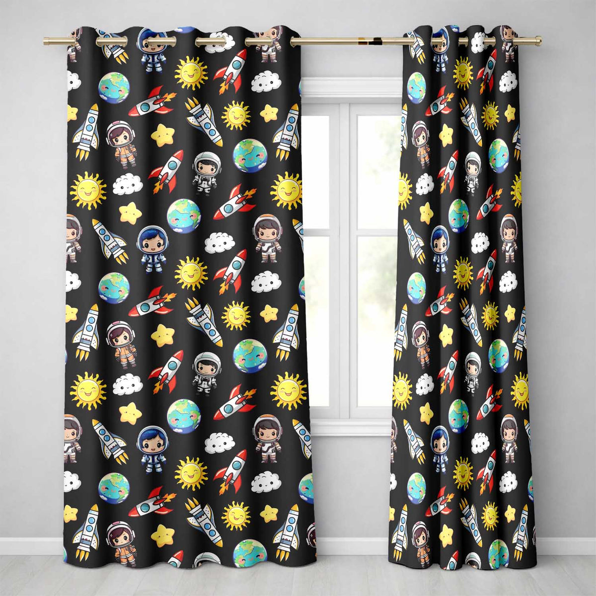 Cute Cartoon Space Rocket Astronaut Sun Earth Clouds Seamless Black Background Readymade Eyelet Ring Top Thermal 100% Blackout Curtains