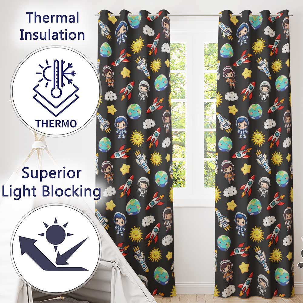 Cartoon Space Rockets Sun Earth Clouds Stars Seamless Dark Grey Background Readymade Eyelet Ring Top Thermal 100% Blackout Curtains