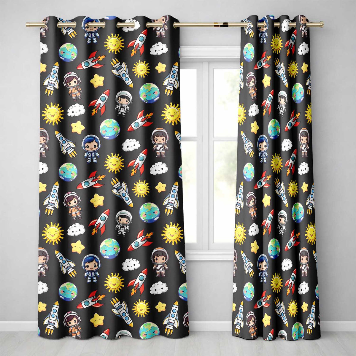 Cartoon Space Rockets Sun Earth Clouds Stars Seamless Dark Grey Background Readymade Eyelet Ring Top Thermal 100% Blackout Curtains