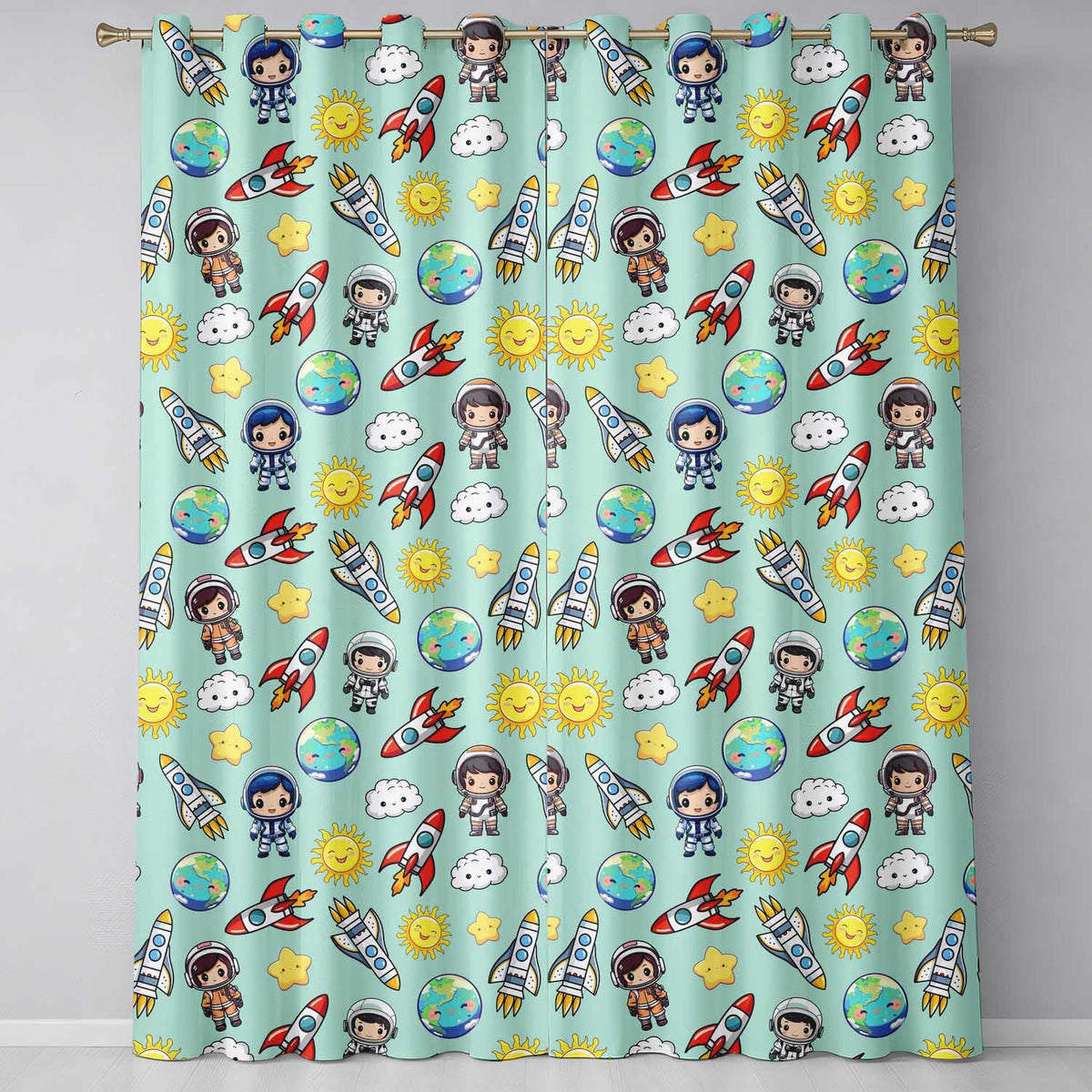 Cute Cartoon Space Rockets Sun Earth Clouds Stars Seamless Mint Background Readymade Eyelet Ring Top Thermal 100% Blackout Curtains