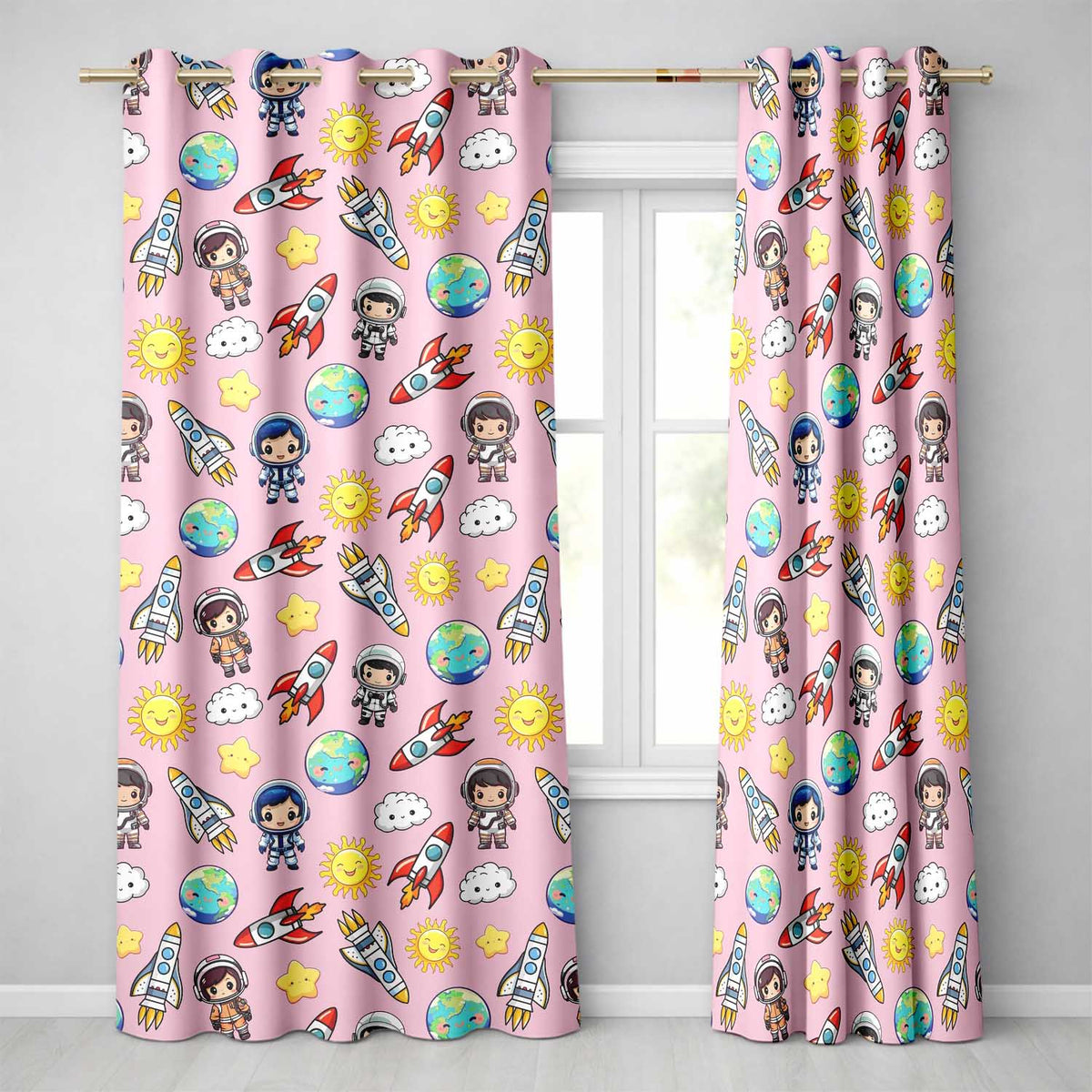 Cartoon Space Rockets Sun Earth Clouds Stars Seamless Soft Pink Background Readymade Eyelet Ring Top Thermal 100% Blackout Curtains