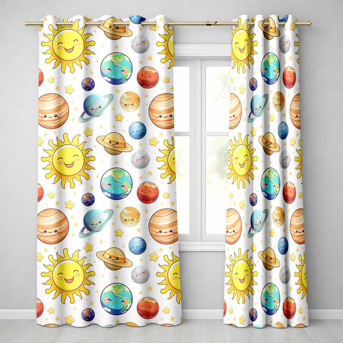 Space Astronaut Alien UFO Planets Meteors Stars Seamless White Background Readymade Eyelet Ring Top Thermal 100% Blackout Curtains