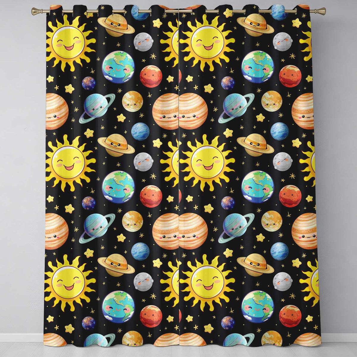 Solar System Sun Earth Saturn Planets Stars Seamless Black Background Readymade Eyelet Ring Top Thermal 100% Blackout Curtains