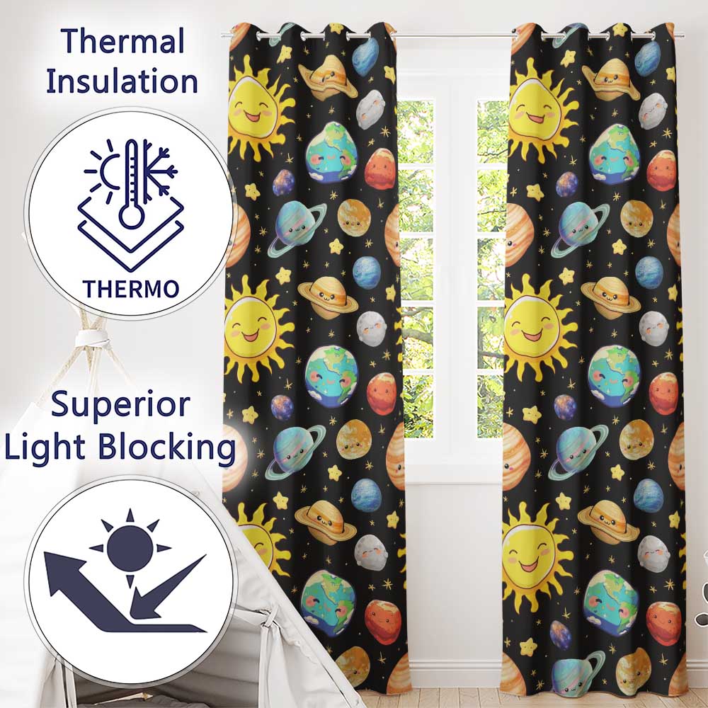 Solar System Sun Earth Saturn Planets Stars Seamless Black Background Readymade Eyelet Ring Top Thermal 100% Blackout Curtains