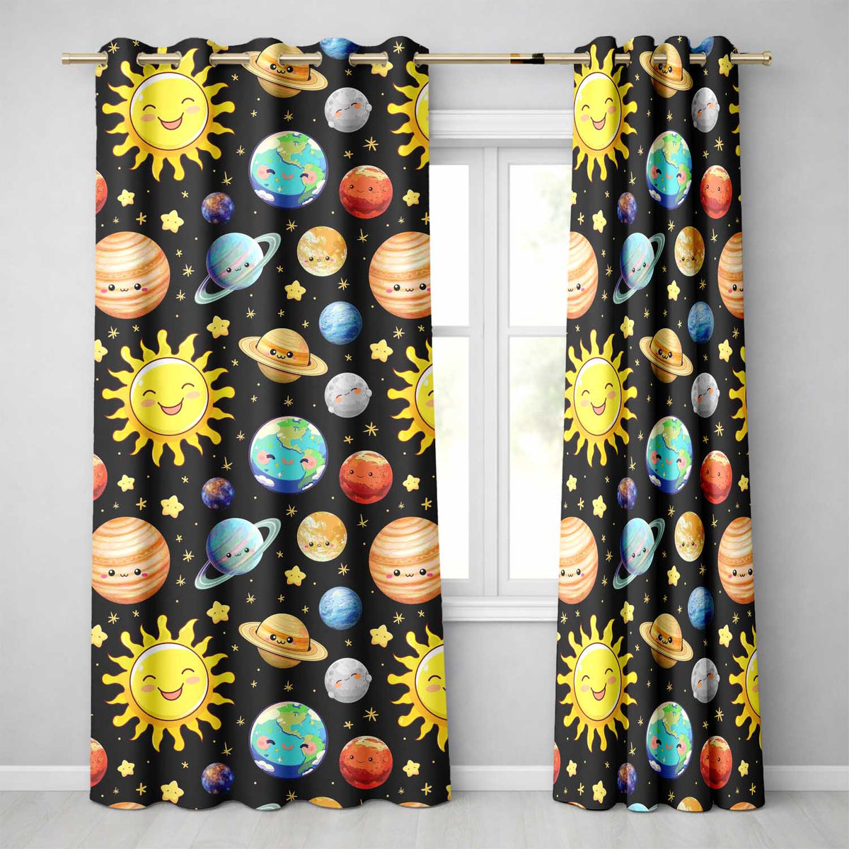 Solar System Sun Earth Saturn Planets Stars Seamless Black Background Readymade Eyelet Ring Top Thermal 100% Blackout Curtains