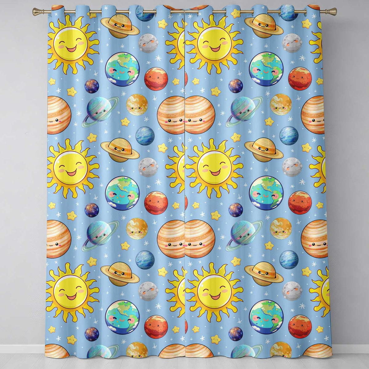 Solar System Sun Earth Saturn Planets Stars Seamless Blue Background Readymade Eyelet Ring Top Thermal 100% Blackout Curtains