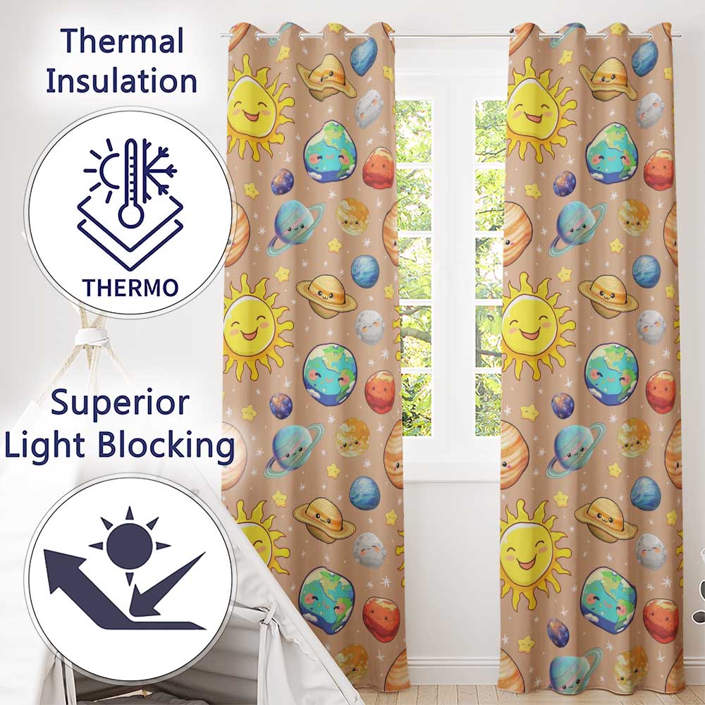 Solar System Sun Earth Saturn Planets Stars Seamless Peach Background Readymade Eyelet Ring Top Thermal 100% Blackout Curtains
