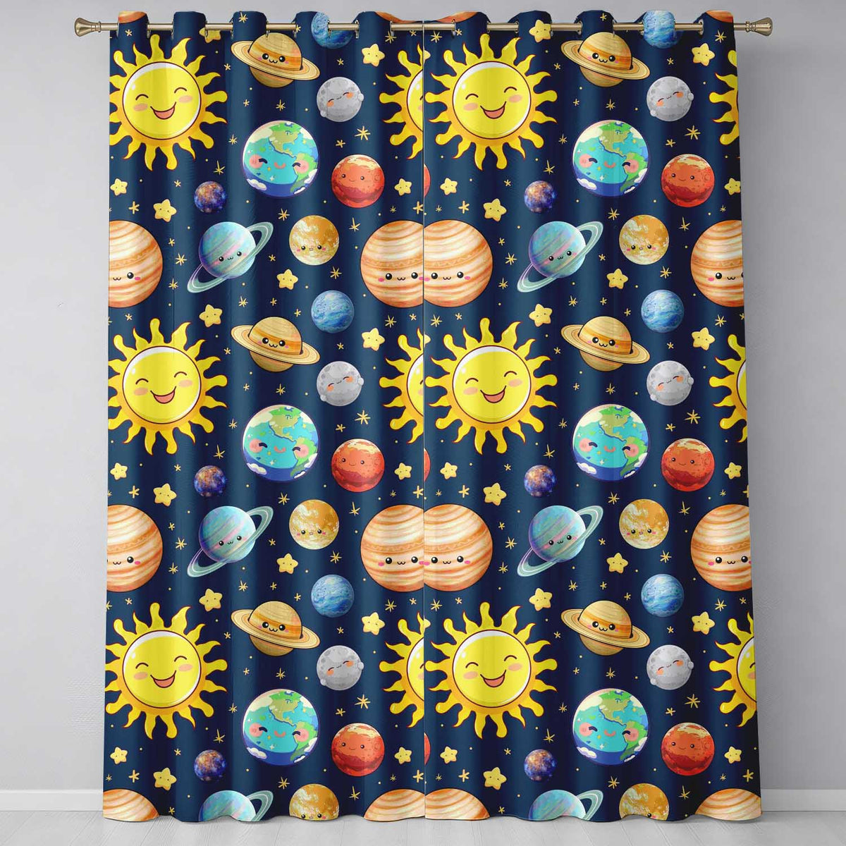 Solar System Sun Earth Saturn Planets Stars Seamless Navy Background Readymade Eyelet Ring Top Thermal 100% Blackout Curtains