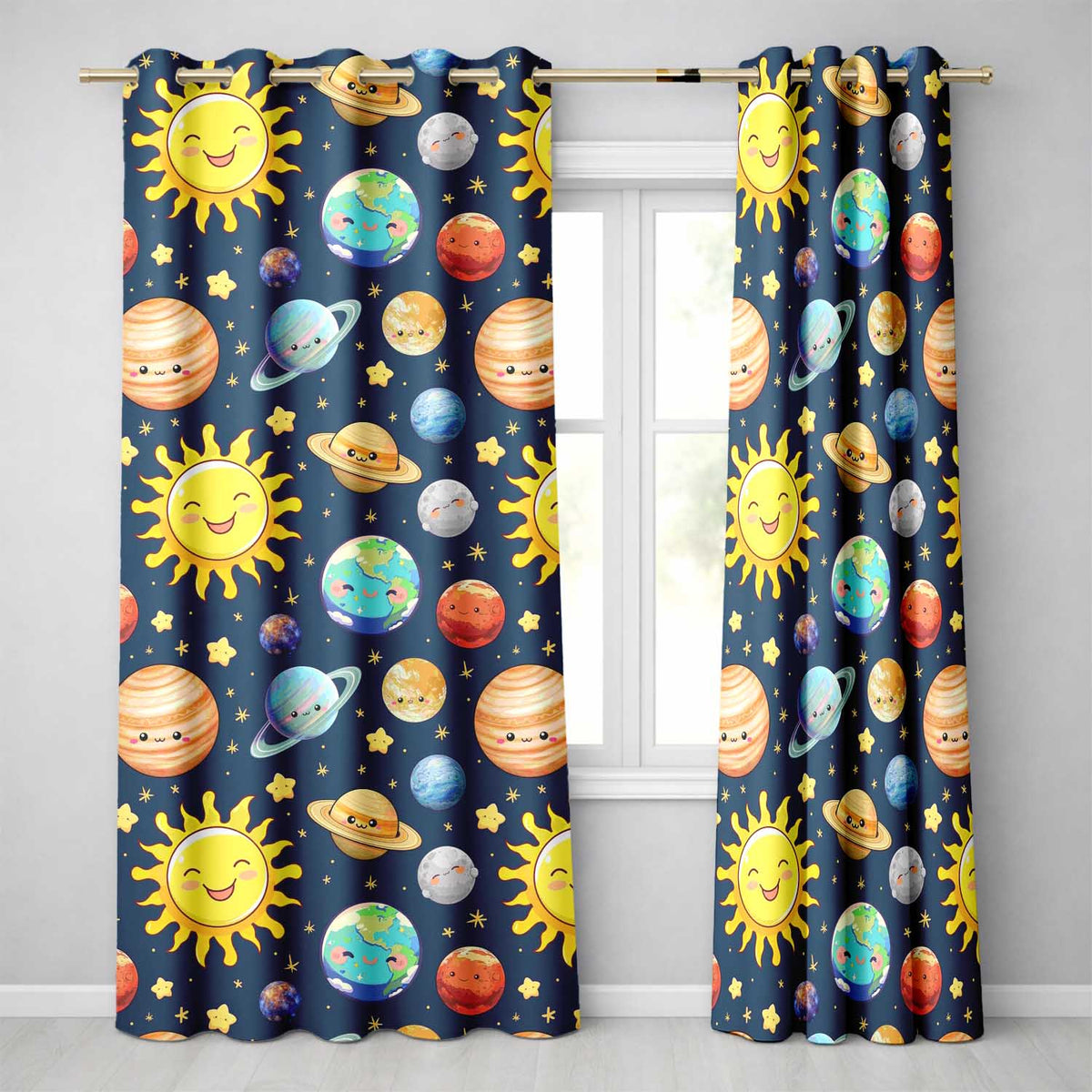 Solar System Sun Earth Saturn Planets Stars Seamless Navy Background Readymade Eyelet Ring Top Thermal 100% Blackout Curtains