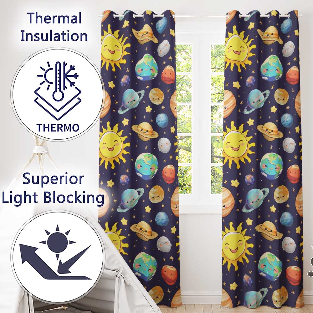 Solar System Sun Earth Saturn Planets Stars Seamless Purple Background Readymade Eyelet Ring Top Thermal 100% Blackout Curtains