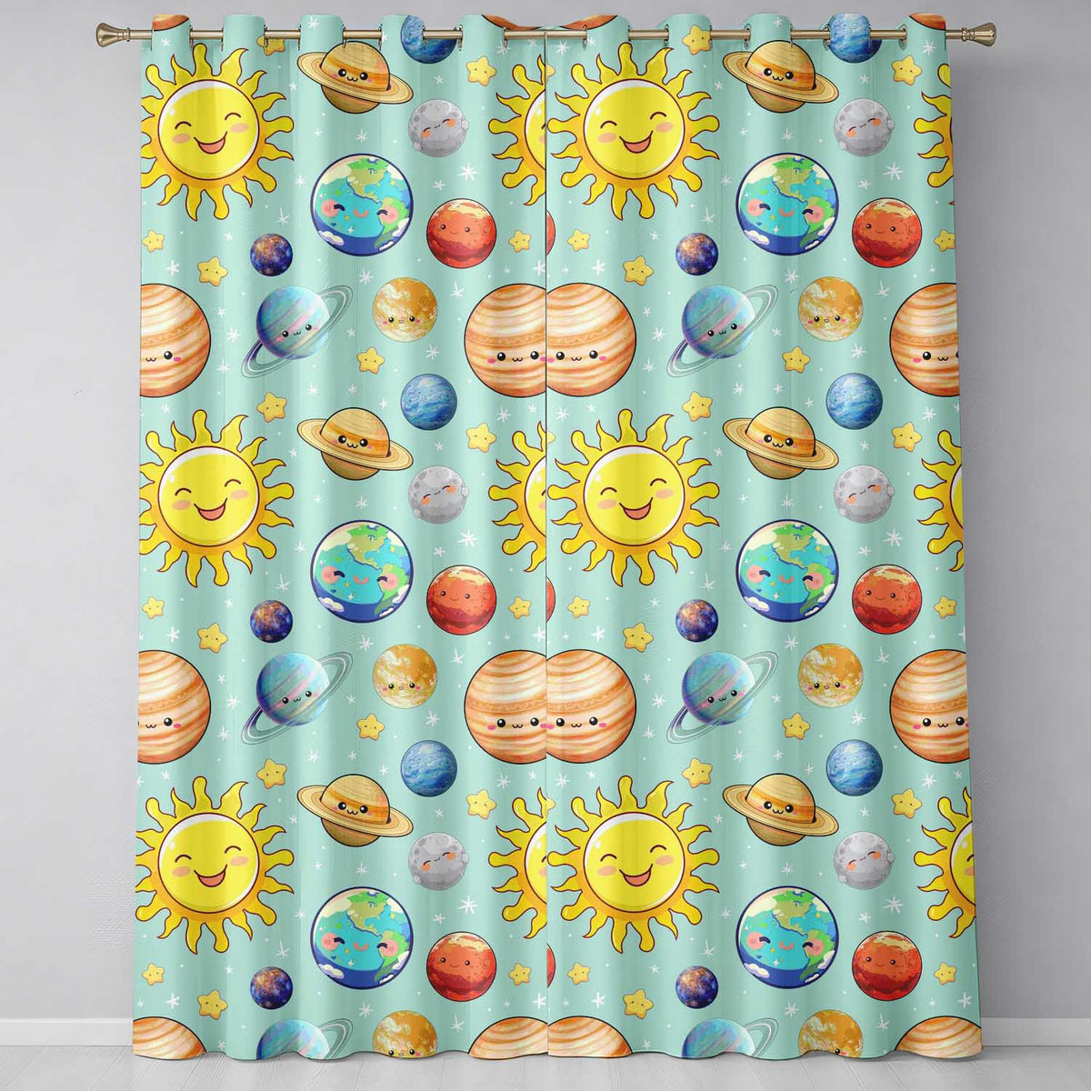 Solar System Sun Earth Saturn Planets Stars Seamless Mint Background Readymade Eyelet Ring Top Thermal 100% Blackout Curtains