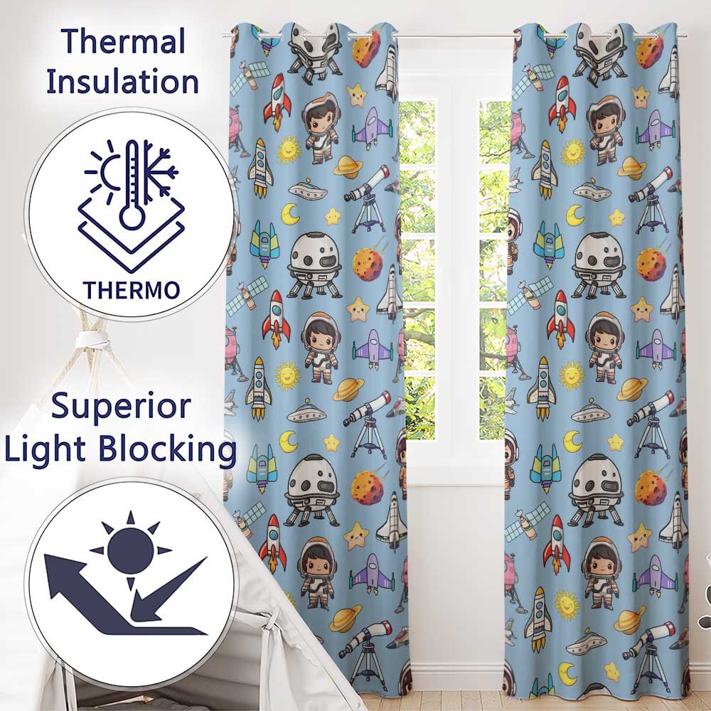 Space Astronaut Rockets UFO Telescope Stars Seamless Blue Background Readymade Eyelet Ring Top Thermal 100% Blackout Curtains