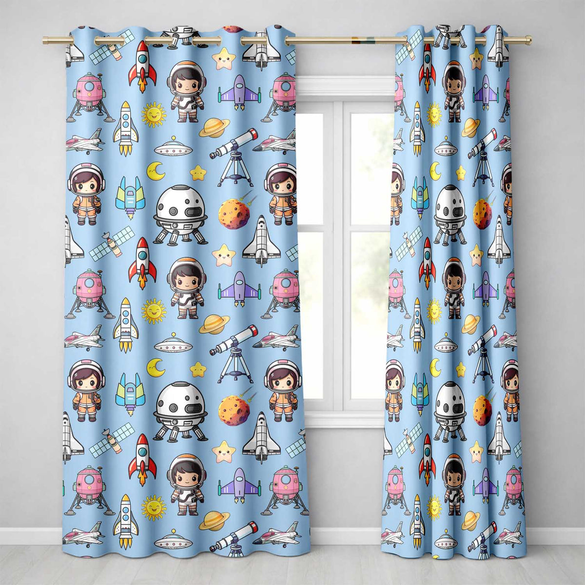 Space Astronaut Rockets UFO Telescope Stars Seamless Blue Background Readymade Eyelet Ring Top Thermal 100% Blackout Curtains