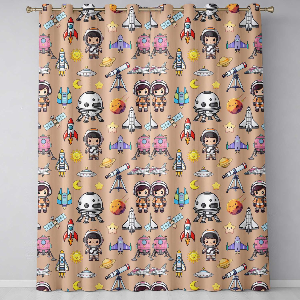 Space Astronaut Rockets UFO Telescope Stars Seamless Peach Background Readymade Eyelet Ring Top Thermal 100% Blackout Curtains