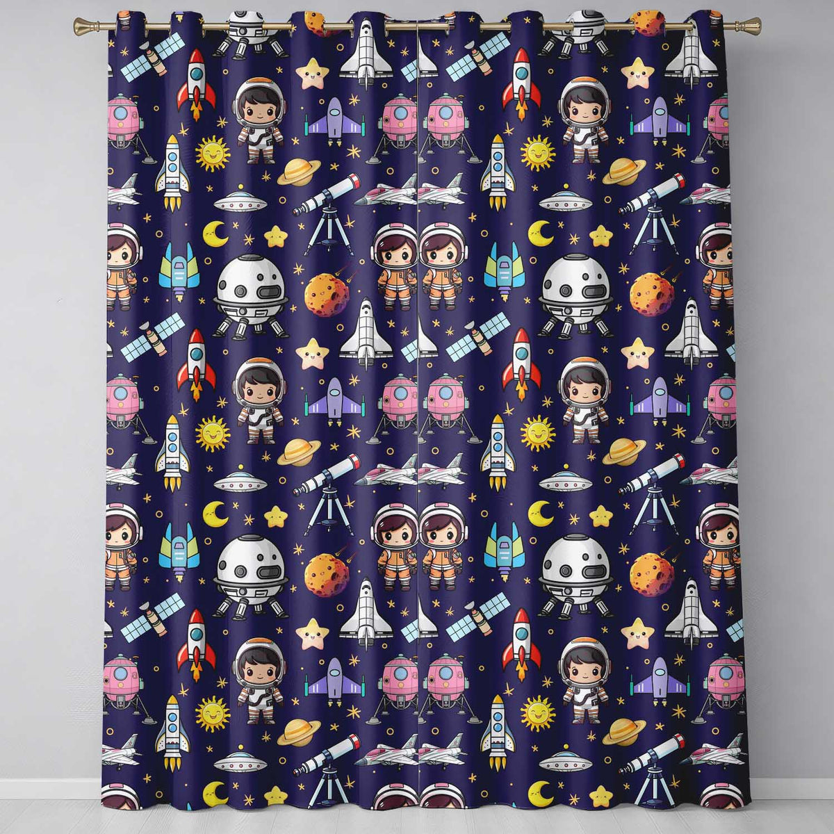 Space Astronaut Rockets UFO Telescope Stars Seamless Deep Purple Background Readymade Eyelet Ring Top Thermal 100% Blackout Curtains