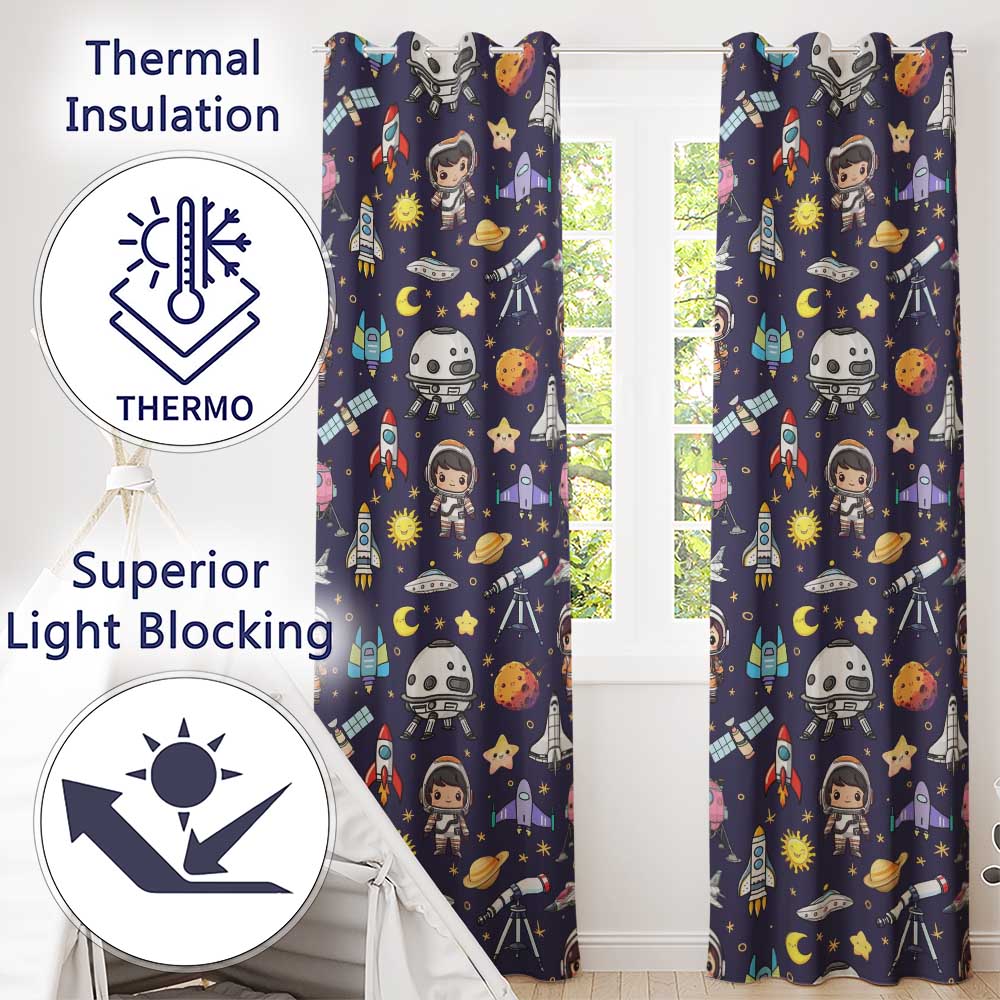 Space Astronaut Rockets UFO Telescope Stars Seamless Deep Purple Background Readymade Eyelet Ring Top Thermal 100% Blackout Curtains