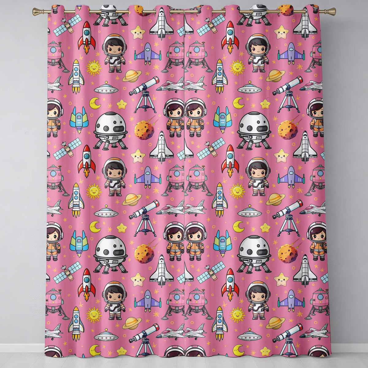 Space Astronaut Rockets UFO Telescope Stars Seamless Pink Background Readymade Eyelet Ring Top Thermal 100% Blackout Curtains