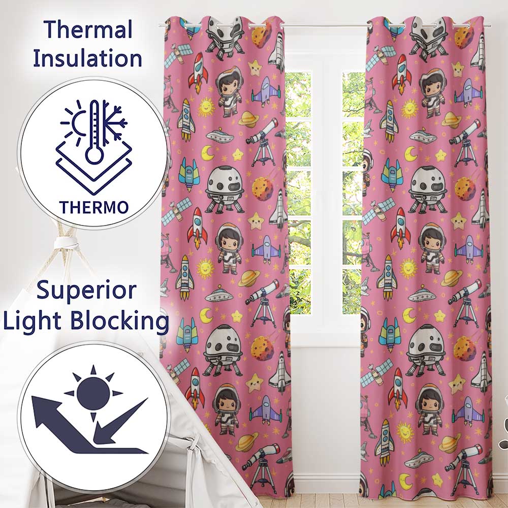 Space Astronaut Rockets UFO Telescope Stars Seamless Pink Background Readymade Eyelet Ring Top Thermal 100% Blackout Curtains