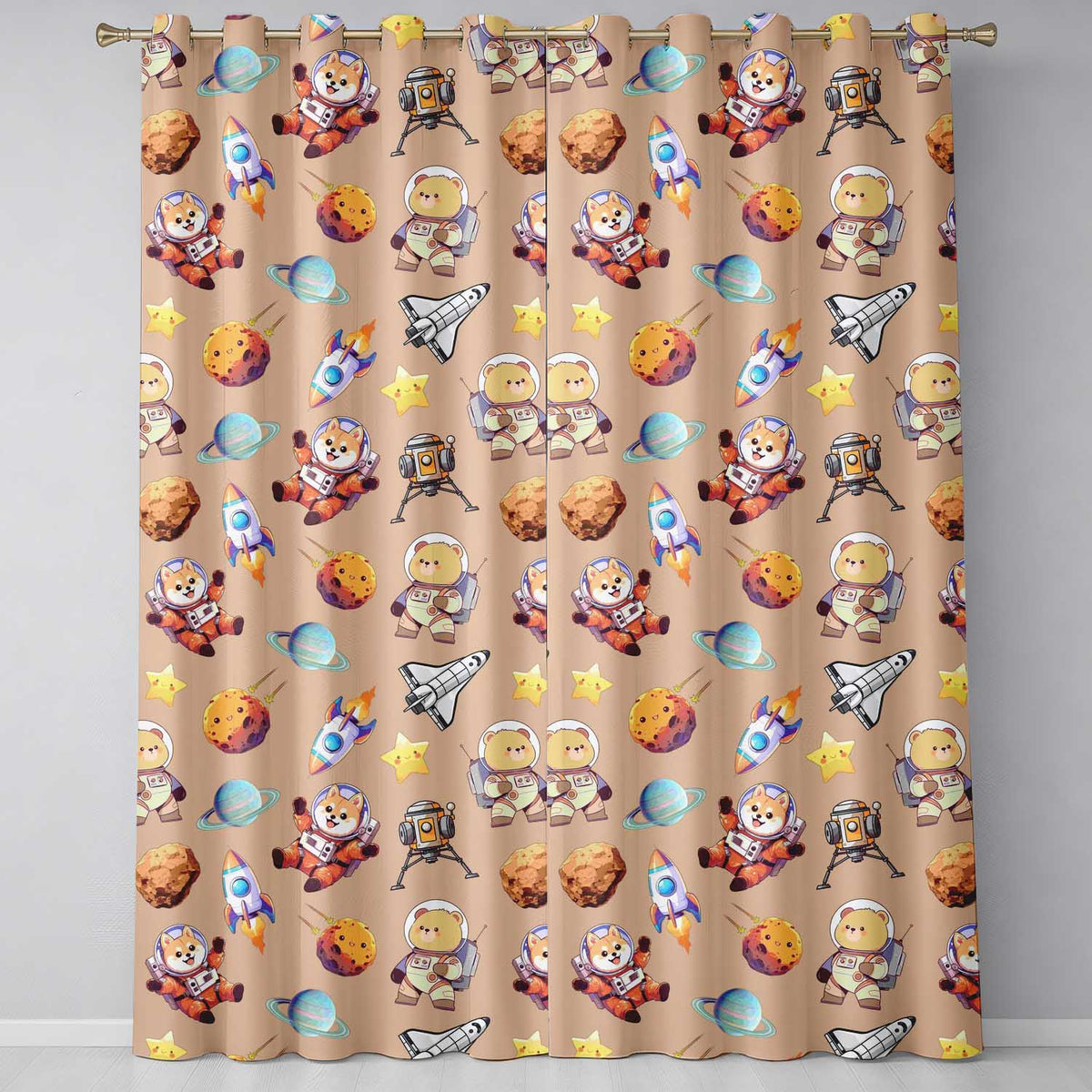 Space Dog Bear Astronaut Rockets Planets Stars Seamless Peach Background Readymade Eyelet Ring Top Thermal 100% Blackout Curtains