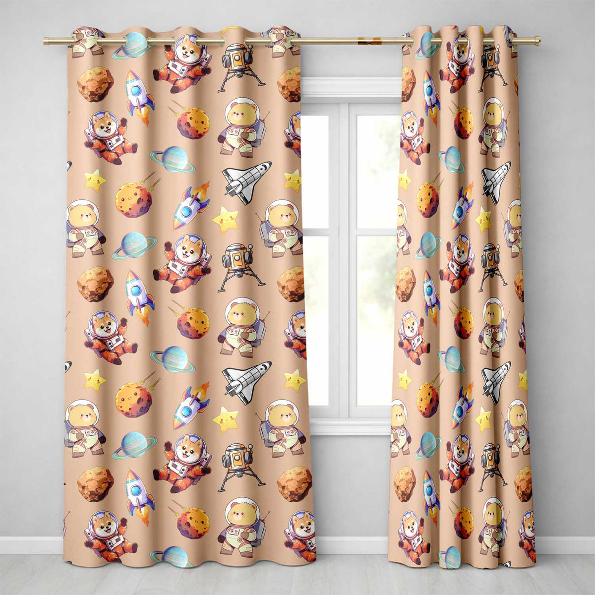 Space Dog Bear Astronaut Rockets Planets Stars Seamless Peach Background Readymade Eyelet Ring Top Thermal 100% Blackout Curtains