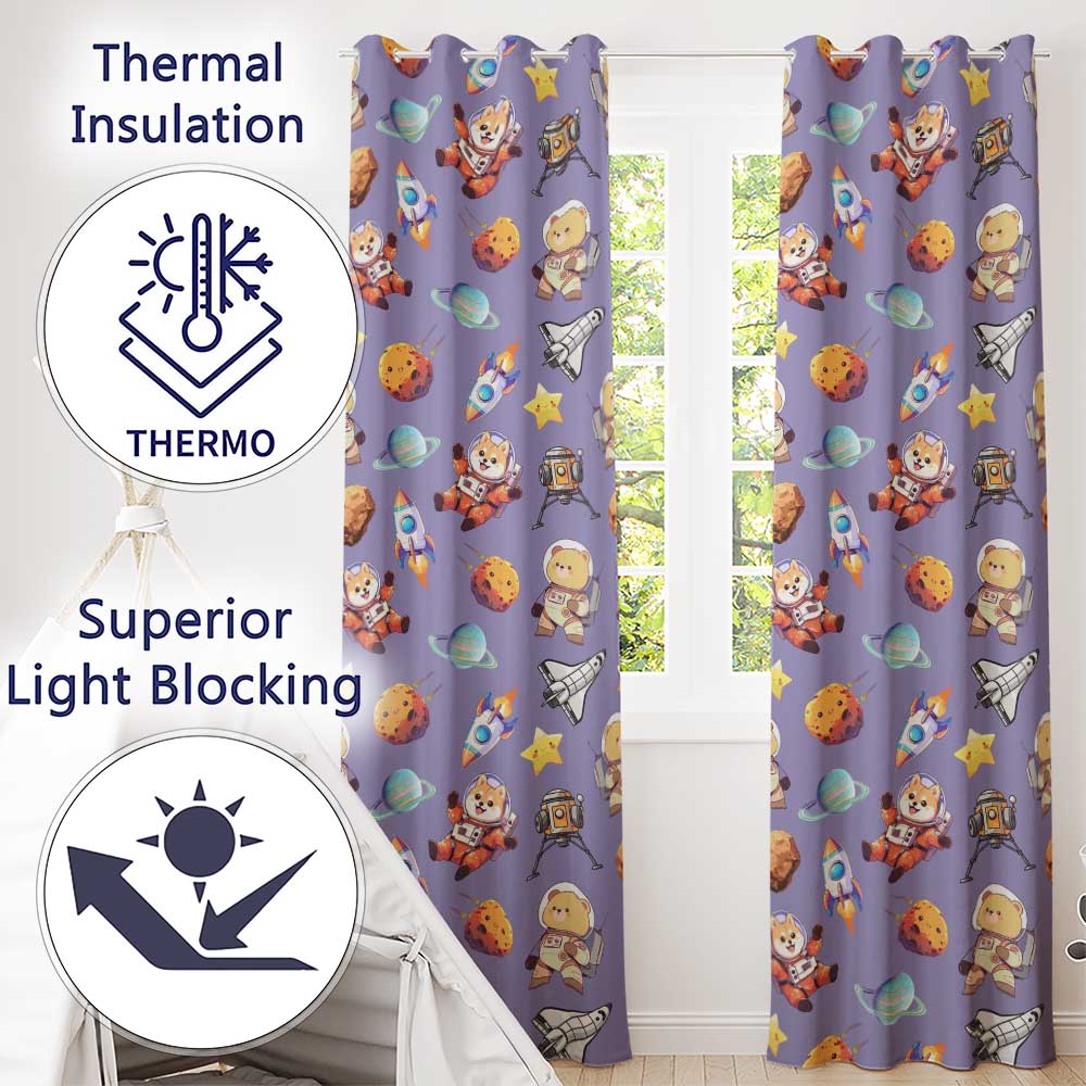 Space Dog Bear Astronaut Rockets Planets Stars Seamless Lavender Background Readymade Eyelet Ring Top Thermal 100% Blackout Curtains