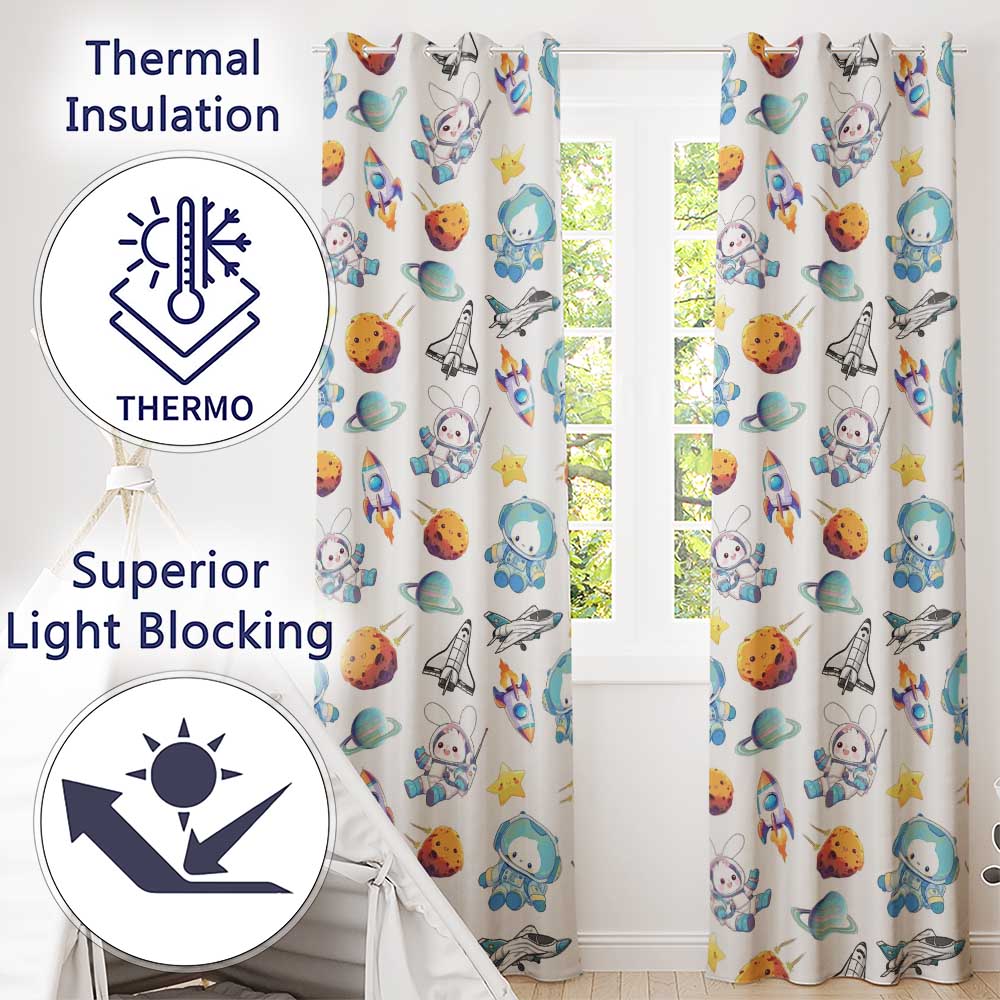 Bunny Astronaut Cat Space Rockets Planets Stars Seamless Cream Background Readymade Eyelet Ring Top Thermal 100% Blackout Curtains