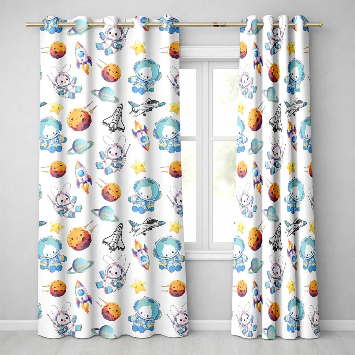 Bunny Astronaut Cat Space Rockets Planets Stars Seamless Cream Background Readymade Eyelet Ring Top Thermal 100% Blackout Curtains