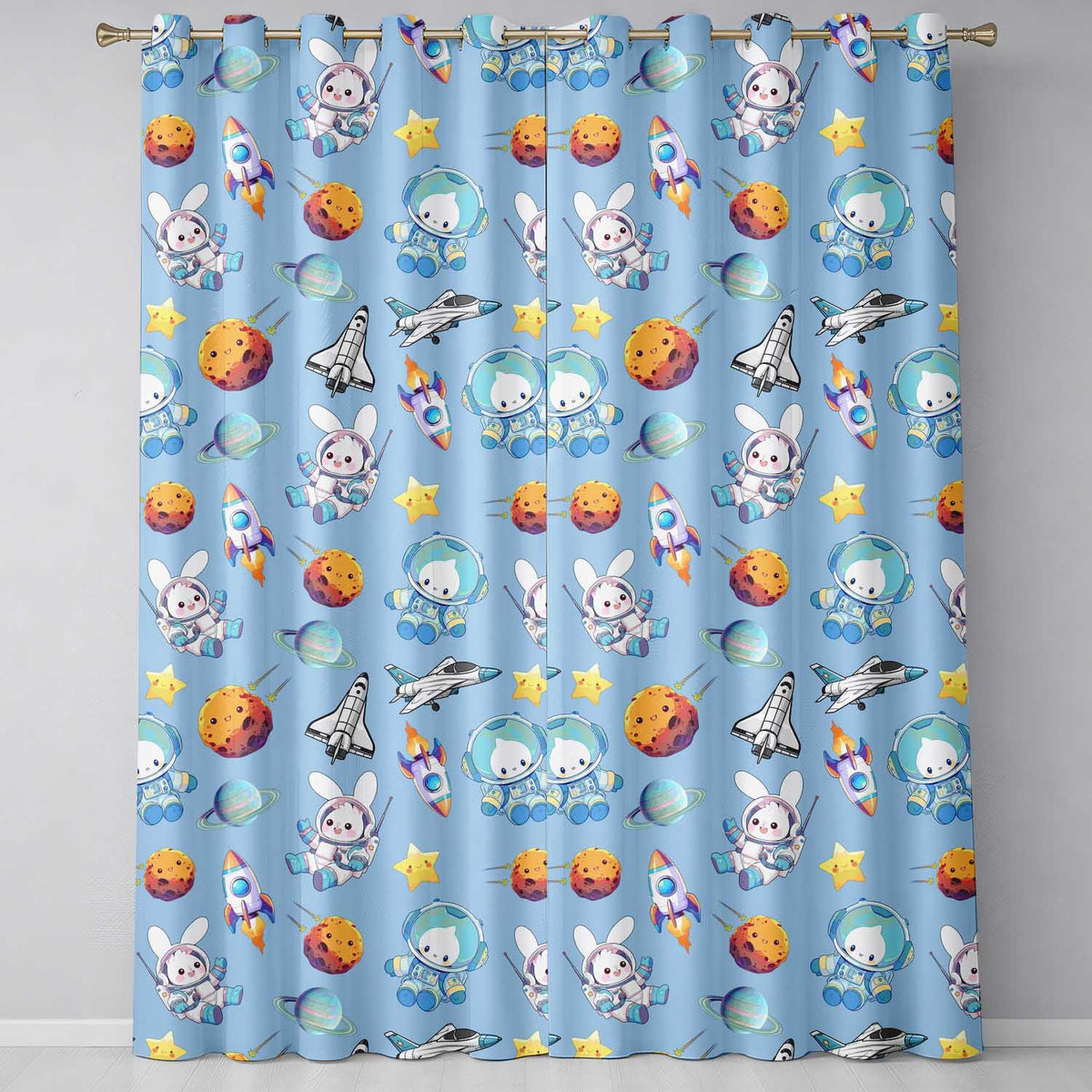 Bunny Astronaut Cat Space Rockets Planets Stars Seamless Blue Background Readymade Eyelet Ring Top Thermal 100% Blackout Curtains