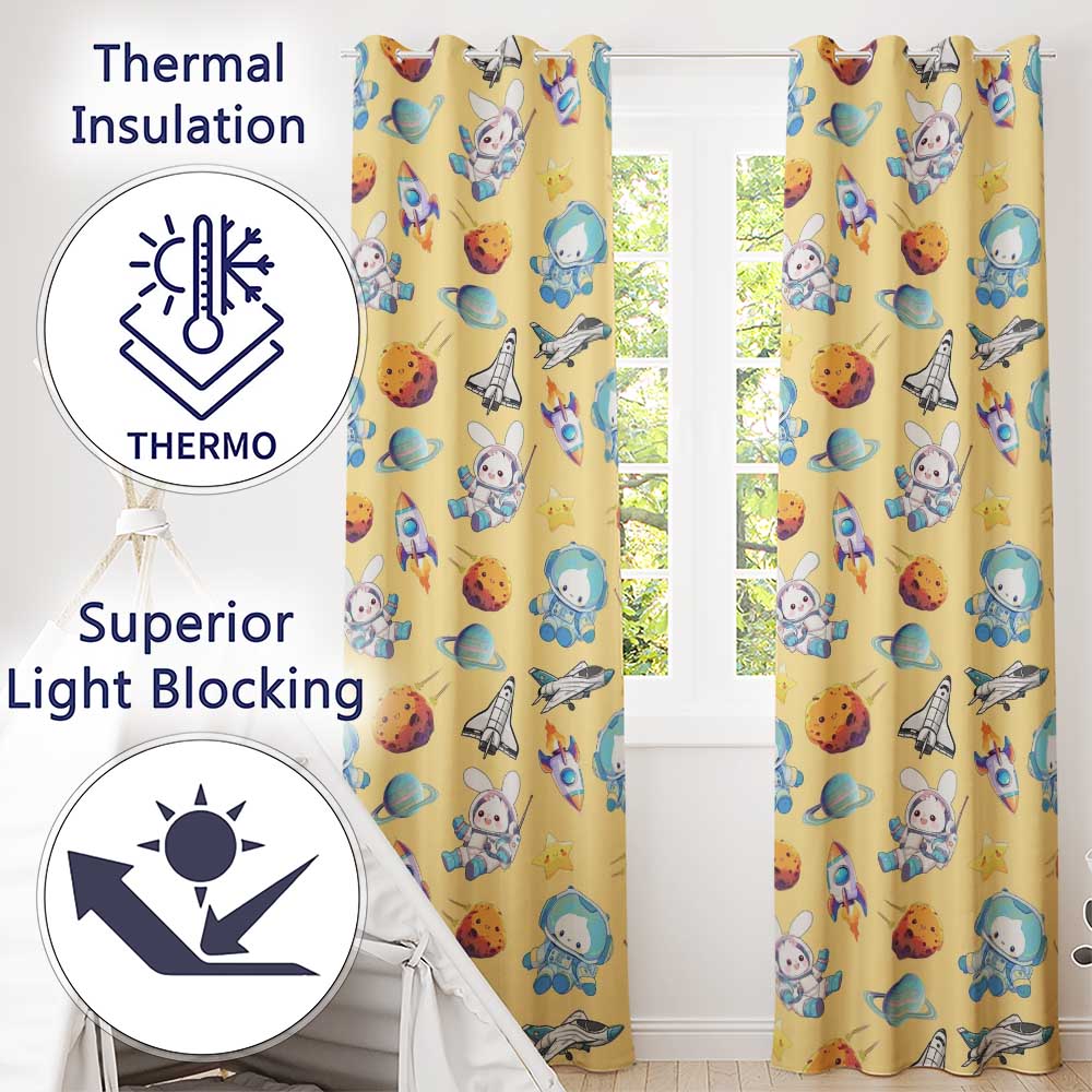 Bunny Astronaut Cat Space Rockets Planets Stars Seamless Beige Background Readymade Eyelet Ring Top Thermal 100% Blackout Curtains