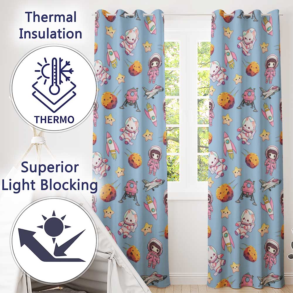 Cat Astronaut Girl Rockets Stars Space Seamless Blue Background Readymade Eyelet Ring Top Thermal 100% Blackout Curtains