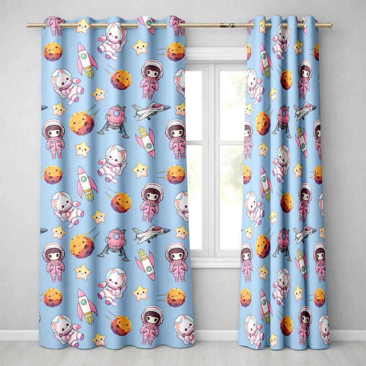 Cat Astronaut Girl Rockets Stars Space Seamless Blue Background Readymade Eyelet Ring Top Thermal 100% Blackout Curtains
