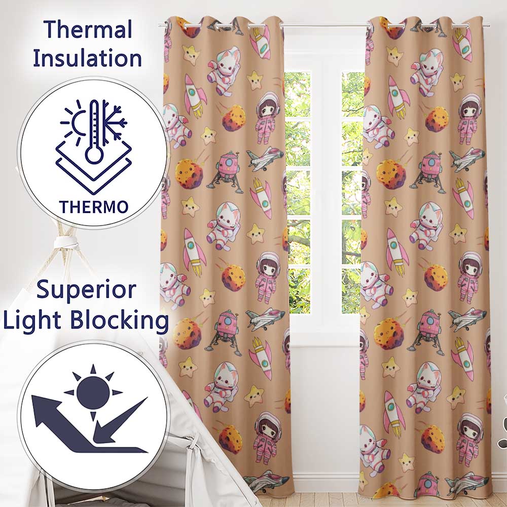 Cat Astronaut Girl Rockets Stars Space Seamless Peach Background Readymade Eyelet Ring Top Thermal 100% Blackout Curtains